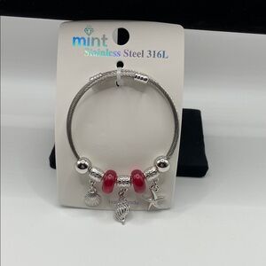 Mint Silver Bracelet with Red Beads and Charms